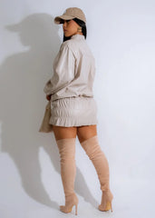 Women Mini Ruched Skirts Set +Full Sleeve PU Leather Jackets Two 2 Piece Set Outfits 2024 Fall Casual Street Night Club