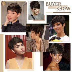 8" Black Wigs for Women Pixie Cut Wigs Synthetic Short Pixie Wigs with Bangs Wefted Wig Caps