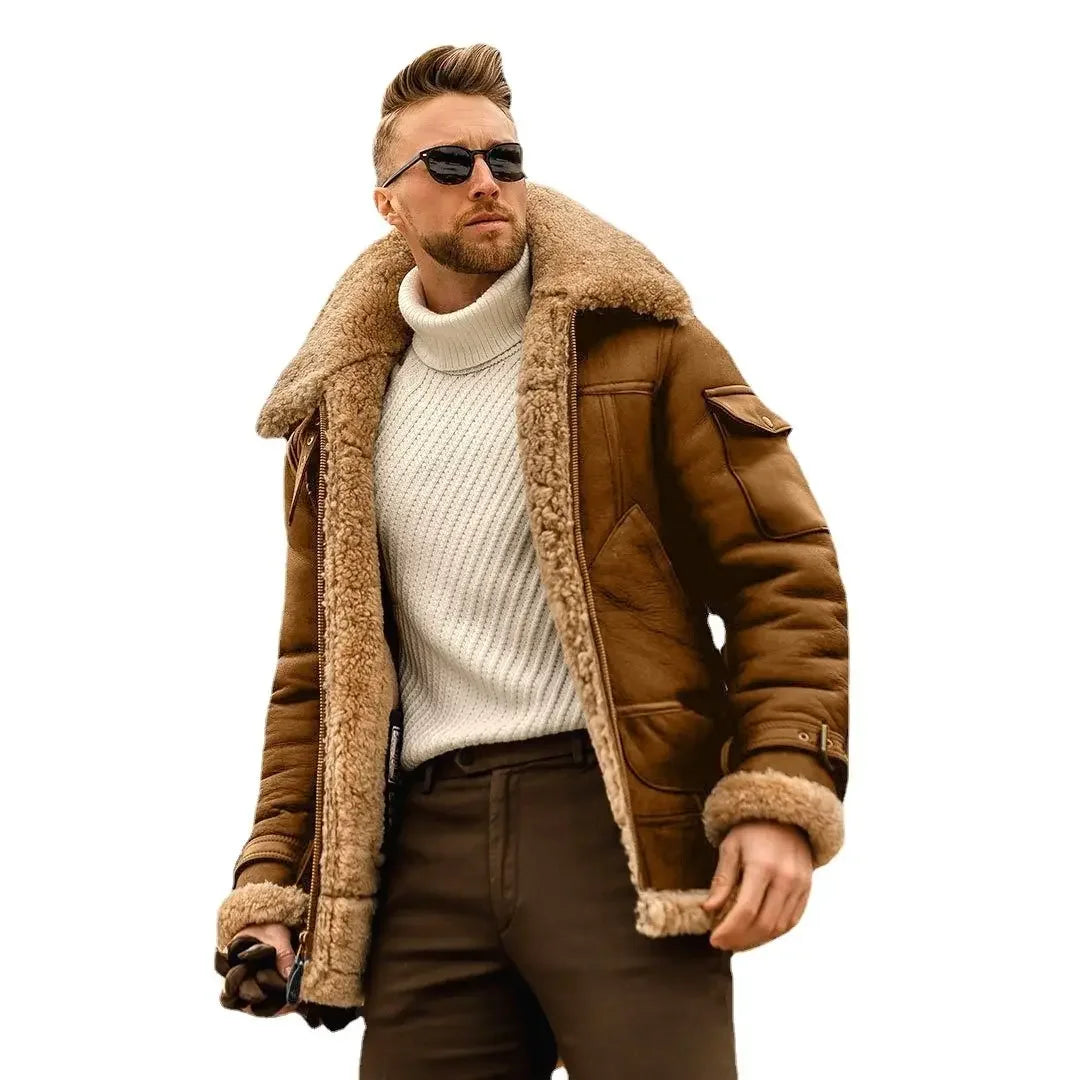 2024 winter men's thickened thermal lapel winter jacket medium and long thick coat fleece coat coat