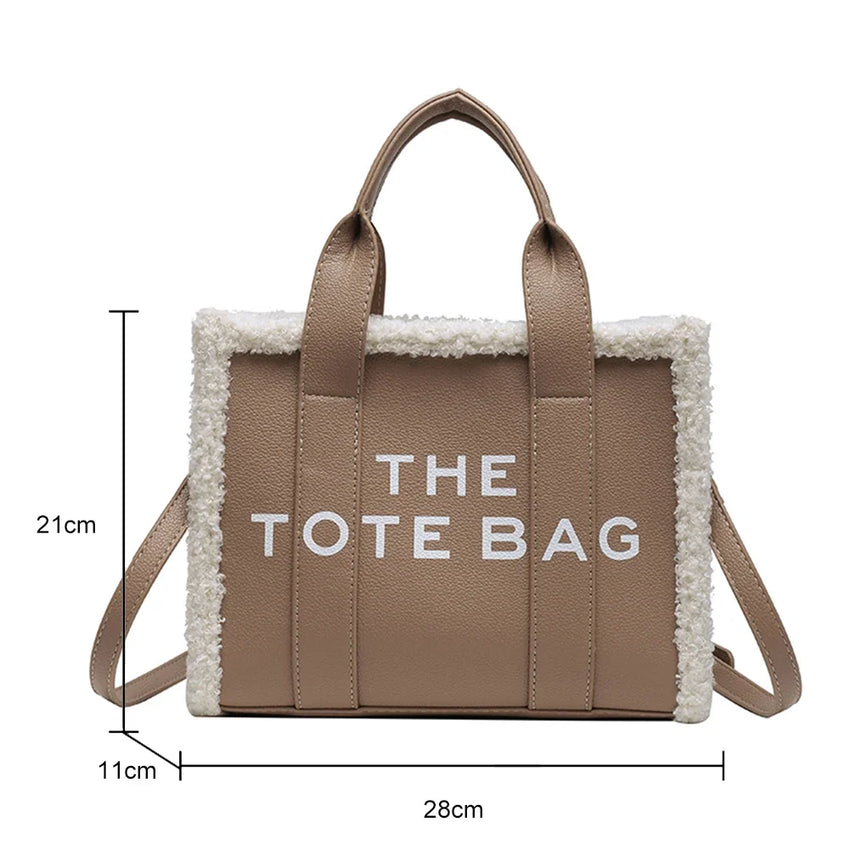 Winter Khaki Tote Bag PU Leather Female Handbags Soft Lamb Wool Stitching Top-Handle Bags Fashion Small Crossbody Bags Purse