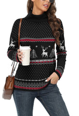 Women'S Turtleneck Sweater Long Sleeve Cozy Warm Casual Lightweight Soft Pullover Jumper Tops,Us Size,Christmas Elk Black,L