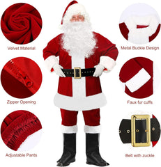 Christmas Santa Claus Costume with Beards Santa Suit Adult Men Deluxe 9PCS Complete Deluxe Santa Outfit Set Burgundy