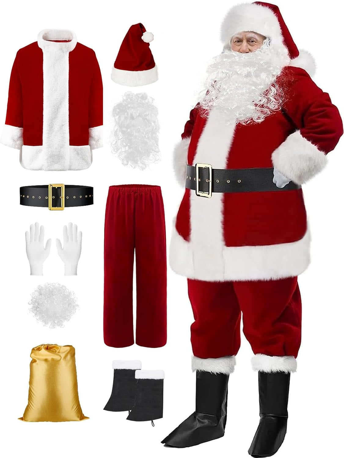 Christmas Santa Claus Costume with Beards Santa Suit Adult Men Deluxe 9PCS Complete Deluxe Santa Outfit Set Burgundy