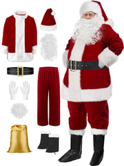 Christmas Santa Claus Costume with Beards Santa Suit Adult Men Deluxe 9PCS Complete Deluxe Santa Outfit Set Burgundy