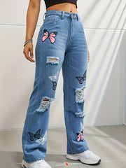 High Waisted Straight Leg Jeans For Women Trendy Butterfly Denim Pants
