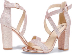 Women'S Chunky High Heel Sandal Strappy Open Toe Ankle Strap Dress Shoes for Women Bridesmaid Ladies in Wedding Bridal Evening Homecoming Prom