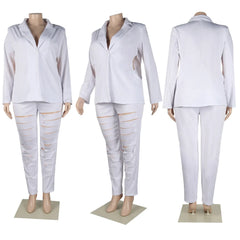 Plus Size Hollow Out Matching Set Women Solid Suit Jacket Female Winter Pencil Pant Lady Elegant Outfit Two Piece Pant Set