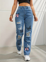 High Waisted Straight Leg Jeans For Women Trendy Butterfly Denim Pants
