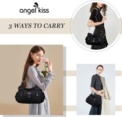 Angelkiss Large Purses and Handbags for Women Washed Faux Leather Crossbody Hobo Satchel Shoulder Handbag Tote Purse