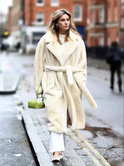 Faux Fur Furry Long Coat Women With Belt Thickened Warm Turndown Collar Female Plush Jacket Autumn Winter Fashion Lady Overcoat