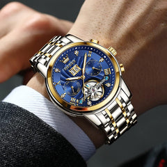 Men Automatic Watch Skeleton 5 Hands Mechanical Classic Luxury Multi Calendar Stainless Steel Waterproof Wrist Watch for Men