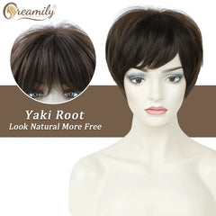 8" Black Wigs for Women Pixie Cut Wigs Synthetic Short Pixie Wigs with Bangs Wefted Wig Caps