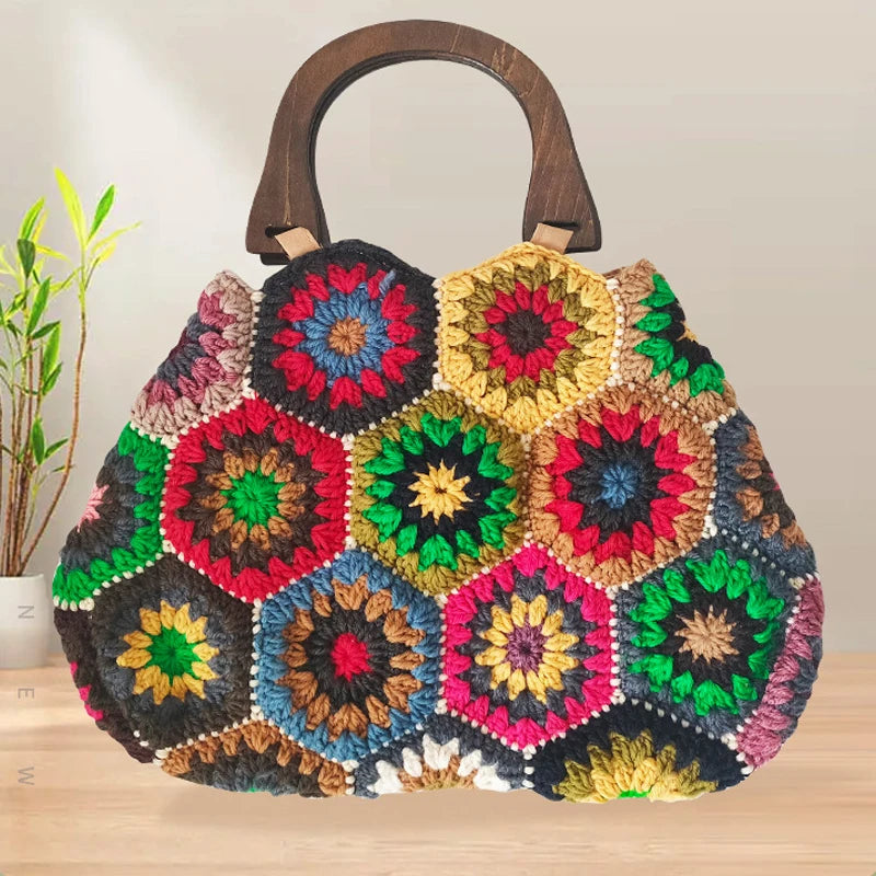 Bohemian Granny SquareCrochet Women Handbags Vintage Wooden Knitted Hand Bags Handmade Woven Large Tote Big Shopper Purses 2023