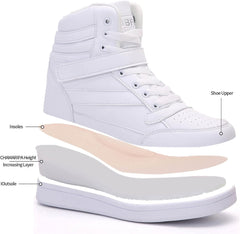 Womens High Top Sneakers with Hidden Wedge Heel Ankle Support 2 Inch Height Increase 80S Retro Casual Boots