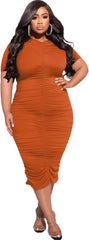 Women'S plus Size Sexy Bodycon Party Dress Solid Short Sleeve Ruched Slim Fit Dress Club Outfits Orange 2XL