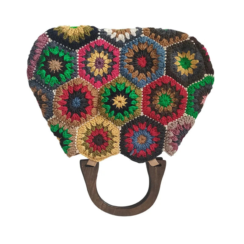 Bohemian Granny SquareCrochet Women Handbags Vintage Wooden Knitted Hand Bags Handmade Woven Large Tote Big Shopper Purses 2023
