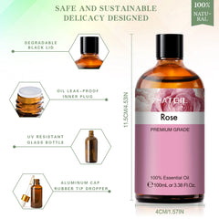 Rose Essential Oils 100% Pure Natural Perfect for Aromatherapy Diffusers, Humidifiers, Skin Care, Relaxation, Great for DIY Candle and Soap Making - 100Ml/3.38 Fl.Oz
