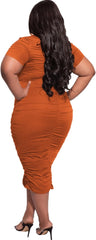 Women'S plus Size Sexy Bodycon Party Dress Solid Short Sleeve Ruched Slim Fit Dress Club Outfits Orange 2XL