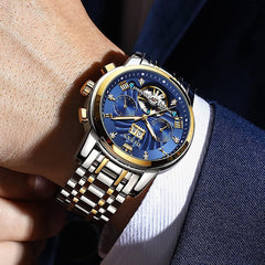 Men Automatic Watch Skeleton 5 Hands Mechanical Classic Luxury Multi Calendar Stainless Steel Waterproof Wrist Watch for Men