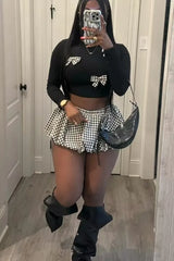 Women Fashion 2 Piece Set Bow Decor O-neck Long Sleeve T-shirts Crop Tops + Mini Plaid Puffy Shorts Skirts Casual Street Suits