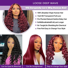99J Loose Wave Lace Front Wigs Human Hair Pre Plucked Burgundy Loose Deep Wave 13X4 Hd Lace Front Wigs Human Hair for Women 180% Density 99J Burgundy Glueless Deep Wave Wig 22 Inch