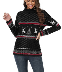 Women'S Turtleneck Sweater Long Sleeve Cozy Warm Casual Lightweight Soft Pullover Jumper Tops,Us Size,Christmas Elk Black,L