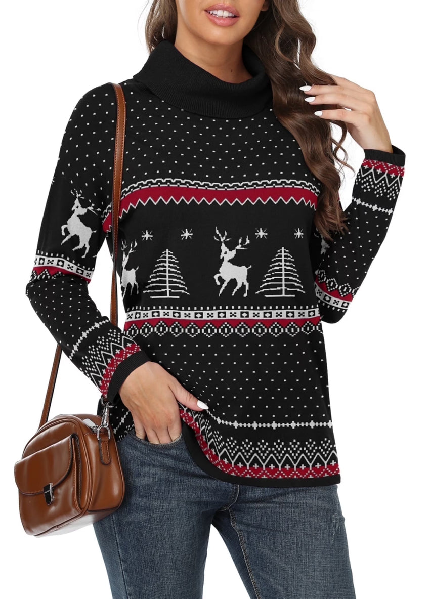 Women'S Turtleneck Sweater Long Sleeve Cozy Warm Casual Lightweight Soft Pullover Jumper Tops,Us Size,Christmas Elk Black,L