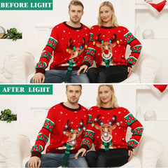 Ugly Christmas Sweater for Women Men,Light up Christmas Sweater,Funny Unisex Reindeer Xmas Ugly Sweaters for Couples
