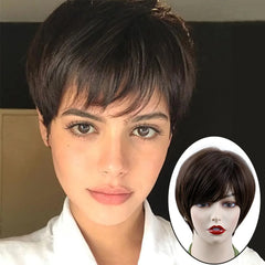 8" Black Wigs for Women Pixie Cut Wigs Synthetic Short Pixie Wigs with Bangs Wefted Wig Caps