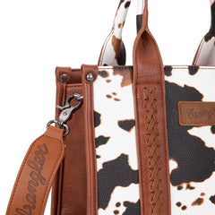 Wrangler Cow Print Tote Bag for Women Western Purse Boho Top Handle Satchel Handbag with Signature Strap, Cow-Brown