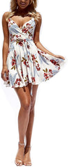 Women Dress Summer V Neck Mini Floral Print Swing Dress Sleeveless Spaghetti Strap Skater Dresses with Belt