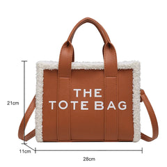 Winter Khaki Tote Bag PU Leather Female Handbags Soft Lamb Wool Stitching Top-Handle Bags Fashion Small Crossbody Bags Purse