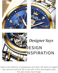 Men Automatic Watch Skeleton 5 Hands Mechanical Classic Luxury Multi Calendar Stainless Steel Waterproof Wrist Watch for Men