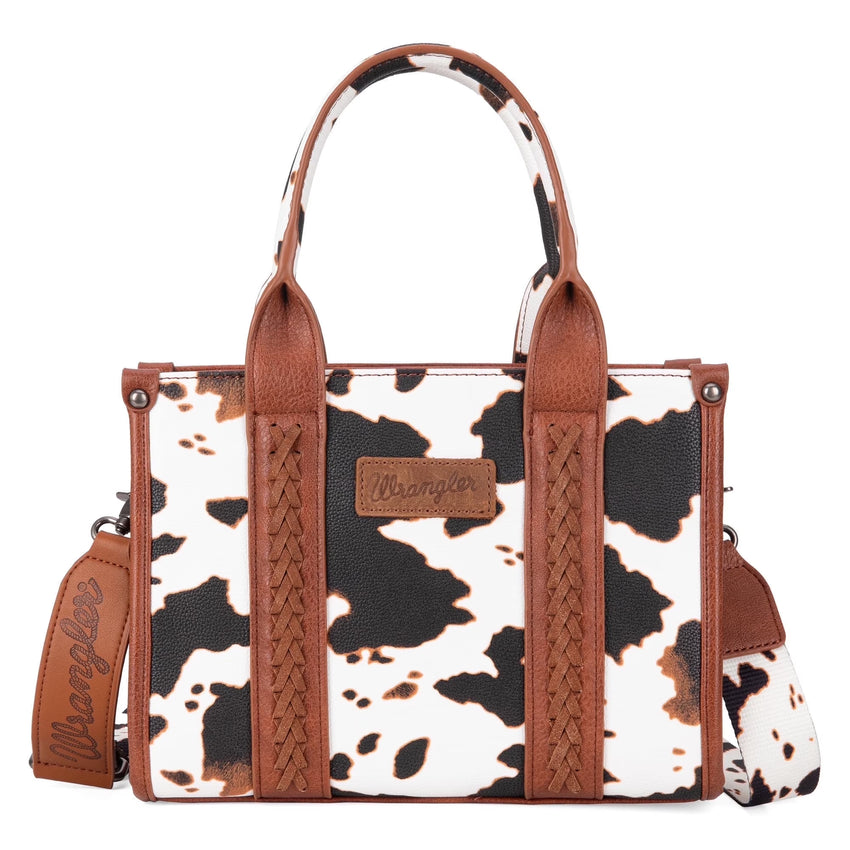 Wrangler Cow Print Tote Bag for Women Western Purse Boho Top Handle Satchel Handbag with Signature Strap, Cow-Brown
