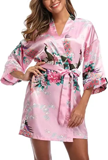 Satin Silk Women Wedding Bridemaid Robe Sexy Crane Print Bathrobe Short Long Kimono Night Gown Robe Fashion Dressing Gown Female
