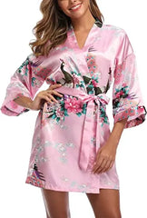 Satin Silk Women Wedding Bridemaid Robe Sexy Crane Print Bathrobe Short Long Kimono Night Gown Robe Fashion Dressing Gown Female