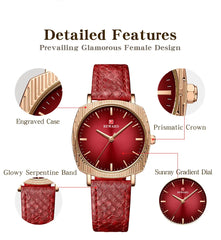 Women Watches Fashion Red Ladies Quartz Watch with Snake Pattern Genuine Leather Strap Simple Female Wristwatches
