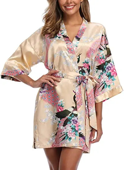 Satin Silk Women Wedding Bridemaid Robe Sexy Crane Print Bathrobe Short Long Kimono Night Gown Robe Fashion Dressing Gown Female