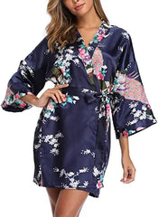 Satin Silk Women Wedding Bridemaid Robe Sexy Crane Print Bathrobe Short Long Kimono Night Gown Robe Fashion Dressing Gown Female