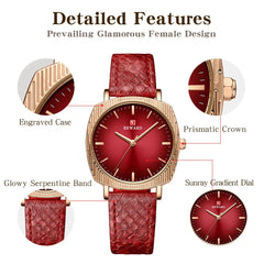 Women Watches Fashion Red Ladies Quartz Watch with Snake Pattern Genuine Leather Strap Simple Female Wristwatches