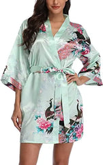 Satin Silk Women Wedding Bridemaid Robe Sexy Crane Print Bathrobe Short Long Kimono Night Gown Robe Fashion Dressing Gown Female