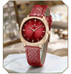 Women Watches Fashion Red Ladies Quartz Watch with Snake Pattern Genuine Leather Strap Simple Female Wristwatches