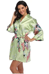 Satin Silk Women Wedding Bridemaid Robe Sexy Crane Print Bathrobe Short Long Kimono Night Gown Robe Fashion Dressing Gown Female