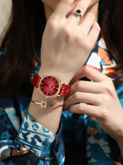 Women Watches Fashion Red Ladies Quartz Watch with Snake Pattern Genuine Leather Strap Simple Female Wristwatches