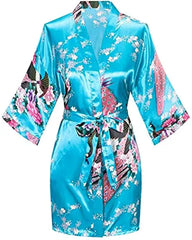 Satin Silk Women Wedding Bridemaid Robe Sexy Crane Print Bathrobe Short Long Kimono Night Gown Robe Fashion Dressing Gown Female