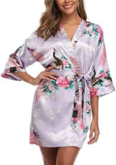 Satin Silk Women Wedding Bridemaid Robe Sexy Crane Print Bathrobe Short Long Kimono Night Gown Robe Fashion Dressing Gown Female