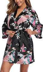 Satin Silk Women Wedding Bridemaid Robe Sexy Crane Print Bathrobe Short Long Kimono Night Gown Robe Fashion Dressing Gown Female