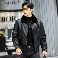 Tcyeek Genuine Leather Jacket Men 2024 Natural Sheepskin Fur Coat Winter Clothes Real Fur Mens Motocycle Jackets Jaqueta Couro