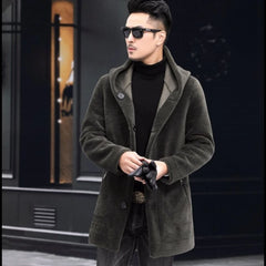 Men Winter Long Casual Thick Fleece Hooded Waterproof Jacket Male Real Fur Wool Coat  Outwear Vintage Clothing   G436