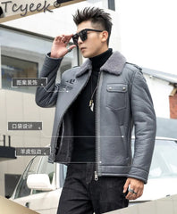 Tcyeek Natural Sheepskin Fur Coats Genuine Leather Jacket Men Winter Clothes Warm Real Fur Motocycle Jackets Casaco Masculino
